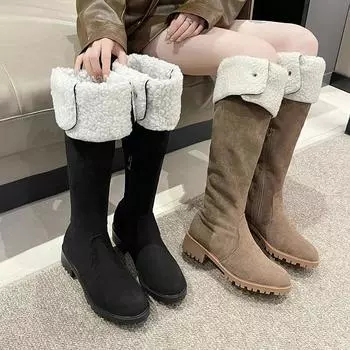 Зимние меховые женские сапоги выше колена, модные меховые замшевые короткие плюшевые длинные ботинки, обувь на квадратном каблуке, женская обувь 2024 года 35 темно-коричневого