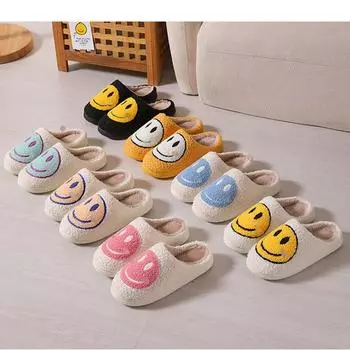 Зимние милые мультяшные смайлы домашние хлопковые тапочки домашние пушистые тапочки женские парные теплые тапочки для дома 36-37 чёрный