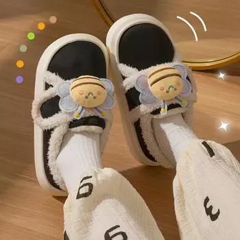 Зимние милые плюшевые ботильоны Bee, женские удобные нескользящие зимние ботинки с мягкой подошвой, женские повседневные теплые хлопковые ботинки с липучками 36-37 чёрный