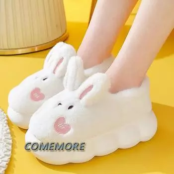 Зимние милые плюшевые тапочки из хлопка с кроликом для женщин с толстой подошвой, на каблуках, теплая нескользящая обувь, комфорт, большой размер 36-37 белый