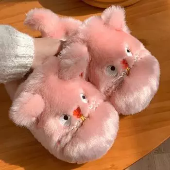 Зимние милые тапочки из меха животных для женщин, модные кавайные пушистые зимние теплые тапочки для влюбленных, мультяшные, плоские, удобные, домашние тапочки 36-37 розовый