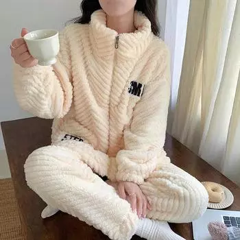 Зимние милые утолщенные длинные брюки с флисовой подкладкой, с длинным рукавом, свежая домашняя одежда знаменитостей из Интернета, подходящая для ношения на открытом воздухе для женщин M