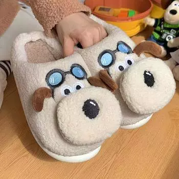 Зимние милые женские хлопковые тапочки для собак 2024 г. Новые теплые плюшевые хлопковые тапочки для дома Повседневная удобная мягкая подошва Нескользящая хлопковая обувь 36-37
