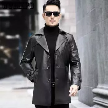 Зимние модели Кожаная куртка мужская средней длины с воротником из коровьей кожи Ветровка мужская утепленная и утолщенная кожаная куртка Внешняя часть M чёрный