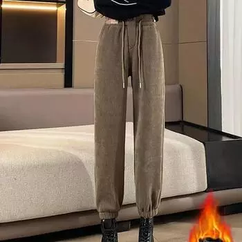 Зимние модные бархатные теплые свободные прямые брюки для женщин, офисные женские леггинсы с высокой талией, утепленные однотонные брюки 29584 S орион