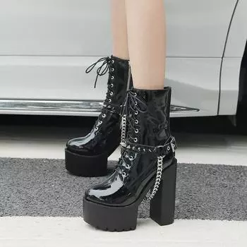 Зимние модные ботинки, элегантные ботильоны на платформе с цепочкой, ботинки на высоком массивном каблуке с шипами, лакированная кожа в стиле панк, гот, Прямая поставка 35 чёрный