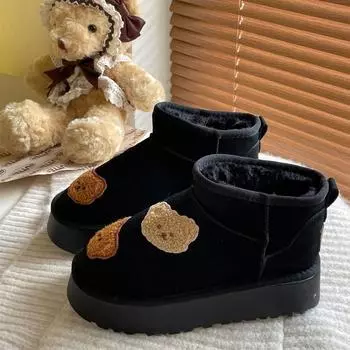 Зимние модные хлопковые сапоги для женщин, плюшевая домашняя обувь на плоской подошве, нескользящие женские модные зимние сапоги с пушистым мультяшным медведем 36-37 коричневый
