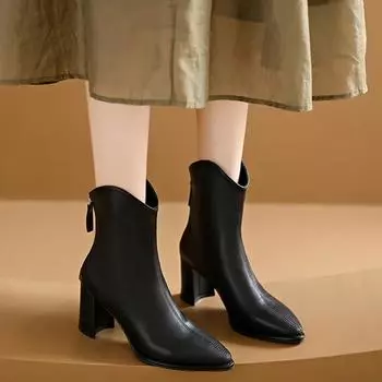 Зимние модные женские ботильоны 2024 года бежево-коричневого цвета на высоком каблуке 6 см с острым носком, короткие ботинки, женская обувь на молнии для вечеринок, большой размер 34 бежевый