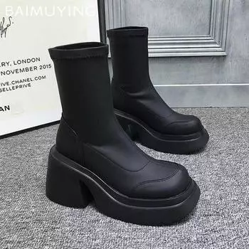 Зимние Модные Женские Ботильоны на Массивной Платформе Дизайнерские Кожаные Туфли На Высоком Каблуке Трендовые Готические Туфли Мотоциклетные Ботинки Женские 35