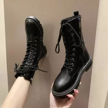 Зимние модные женские ботинки на шнуровке, женские ботинки из телячьей кожи с круглым носком, черные, на среднем каблуке, квадратный каблук, женская обувь из искусственной кожи 35 чёрный
