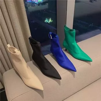 Зимние модные женские сапоги женские тонкие высокие каблуки с острым носком эластичные ботильоны женские носки сапоги 35 синий