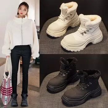 Зимние модные женские зимние сапоги, плюшевые теплые хлопковые ботинки, на шнуровке, нескользящие, на толстой подошве, теплые сапоги 35 чёрный