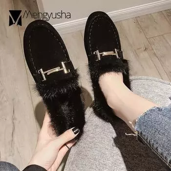 Зимние мокасины плюшевые туфли металлические украшения мокасины на мягкой подошве швейные однотонные меховые туфли без застежек женские зимние рабочие туфли для медсестер 5 чёрный