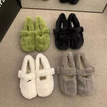 Зимние мягкие и удобные женские туфли на плоской подошве 2024 года, повседневные модные плюшевые туфли Мэри Джейн, модные универсальные туфли с неглубоким горлом 35 бежевый