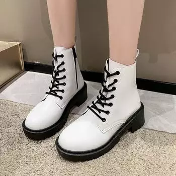 Зимние мягкие кожаные ботинки на толстой подошве, модные женские ботинки с круглым носком и молнией, противоскользящие 35 белый