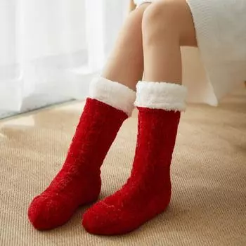 Зимние мягкие носки-тапочки женские осенне-зимние новые до середины икры с большим переплетением утолщенные теплые домашние нескользящие носки для дома One Size темно-серого