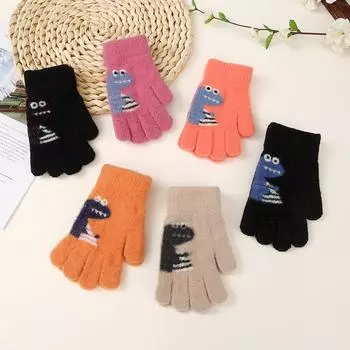 Зимние мультяшные перчатки с пятью пальцами для мальчиков, вязаные плюшевые перчатки для девочек начальной школы, милые теплые детские перчатки One Size
