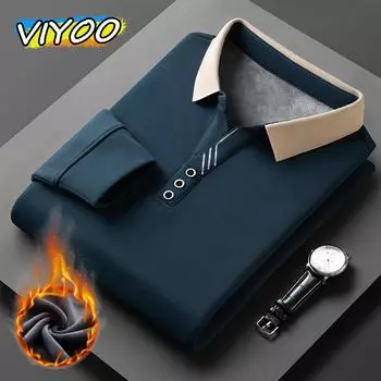 Зимние мужские бархатные футболки с длинным рукавом, рубашки поло для взрослых, официальная деловая одежда, топы, блузки, майки для мужчин M тёмно-синий