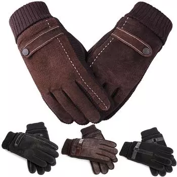Зимние мужские бархатные внутренние теплые перчатки из свиной кожи, кожаные утепленные хлопковые ветрозащитные варежки для вождения Type-A чёрный