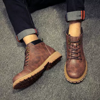 Зимние мужские ботинки большого размера 38-44, мужская обувь в винтажном стиле, повседневная мода, высокие, на шнуровке, теплые, мужские, из натуральной кожи Botas869 38 коричневый
