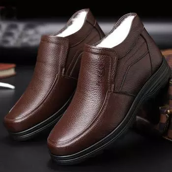 Зимние мужские ботинки из натуральной кожи с овечьим мехом, теплая повседневная обувь в британском стиле с высоким берцем из хлопка, ботильоны 35 коричневый