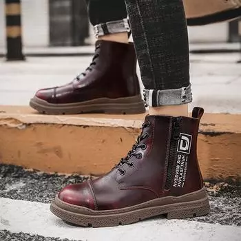 Зимние мужские ботинки из натуральной кожи, теплые плюшевые зимние ботинки, водонепроницаемые мужские ботинки для активного отдыха, модные мотоциклетные ботинки на молнии 38