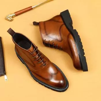 Зимние мужские ботинки Martin с высоким берцем в британском стиле из натуральной коровьей кожи с толстой подошвой и гравированным блоком 38 коричневый