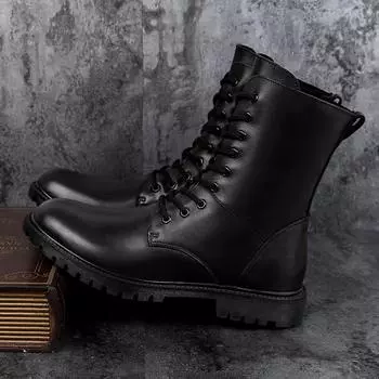 Зимние мужские ботинки на высоком каблуке, повседневные модные панк-сапоги для мотоциклистов, кожаные высокие черные байкерские ботинки со шнуровкой, модная мужская обувь 37 чёрный
