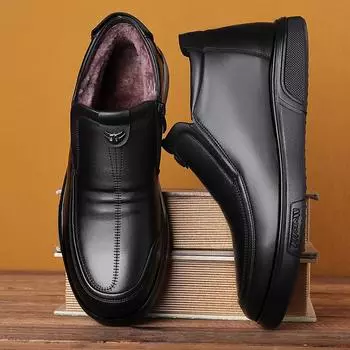 Зимние мужские ботинки, повседневные теплые меховые хлопковые ботинки, зимние ботинки, кожаная нескользящая мужская обувь для отдыха Bota Masculina 6 чёрный