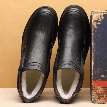 Зимние мужские ботинки, повседневные теплые меховые хлопковые ботинки, зимние ботинки, кожаная нескользящая мужская обувь для отдыха Bota Masculina 6 чёрный