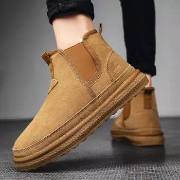 Зимние мужские ботинки, теплые меховые зимние ботинки, водонепроницаемые нескользящие замшевые кожаные меховые ботильоны, мужская пушистая плюшевая обувь для отдыха на природе 40