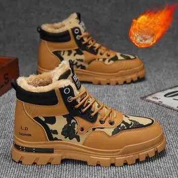 Зимние мужские ботинки, теплые, плюшевые, новые, высокие, удобные, на шнуровке, для улицы, нескользящие, модные, большого размера 46, короткие ботинки с леопардовым принтом 39 коричневый