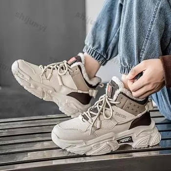 Зимние мужские ботинки, теплые, плюшевые, удобные, нескользящие, высокие, на платформе, для отдыха на природе, водонепроницаемые, на шнуровке, повседневная спортивная обувь 39