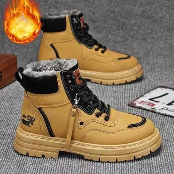 Зимние мужские ботинки, теплые плюшевые уличные хлопковые туфли, черные, размер 48, водонепроницаемые, на шнуровке, противоскользящие, модные, устойчивые к холоду мужские туфли 39 чёрный