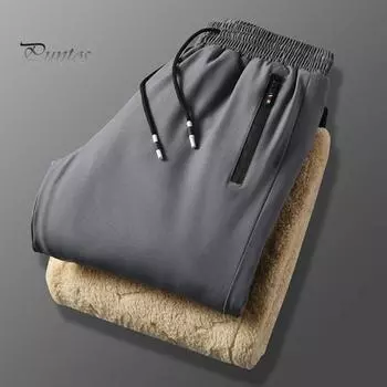 Зимние мужские брюки из плотного флиса с эластичной резинкой на талии, сохраняющие тепло, с карманами на молнии, однотонные теплые спортивные рабочие брюки для путешествий L чёрный