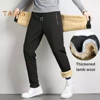 Зимние мужские брюки из плотного флиса с эластичной резинкой на талии, сохраняющие тепло, с карманами на молнии, однотонные теплые спортивные рабочие брюки для путешествий L чёрный