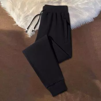 Зимние мужские брюки из плотного плюша с эластичной резинкой на шнурке, сохраняющие тепло карманы на молнии, большие размеры, с манжетой до щиколотки, однотонные 2XL чёрный