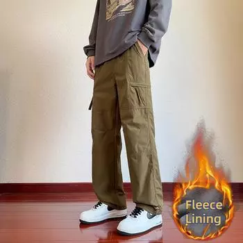 Зимние мужские брюки-карго, большие размеры, спортивные брюки для активного отдыха, свободные прямые мужские повседневные брюки с множеством карманов, флисовая подкладка M чёрный