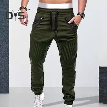 Зимние мужские брюки с эластичной талией на шнурке и карманами, декорированные молнией, свободные однотонные уличные брюки с резинкой на щиколотке, плиссированные спортивные брюки L хаки