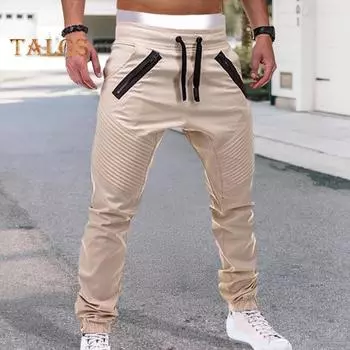 Зимние мужские брюки с эластичной талией на шнурке и карманами, декорированные молнией, свободные однотонные уличные брюки с резинкой на щиколотке, плиссированные спортивные брюки L чёрный