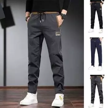 Зимние мужские брюки с эластичной талией на шнурке и карманами, утолщенные плюшевые свободные вышитые однотонные уличные брюки, термоштаны L синий