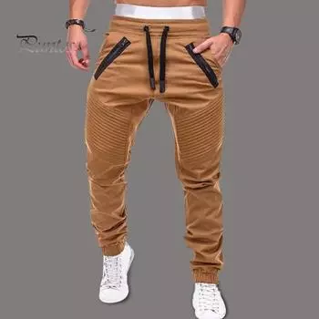 Зимние мужские брюки с эластичной талией на шнурке и карманами, декорированные молнией, свободные однотонные уличные брюки с резинкой на щиколотке, плиссированные спортивные брюки M армия зеленый