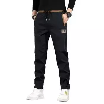 Зимние мужские брюки с эластичной талией на шнурке и карманами, утолщенные плюшевые свободные вышитые однотонные уличные брюки, термоштаны M чёрный