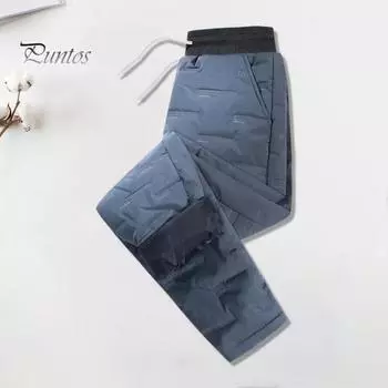 Зимние мужские брюки с толстой подкладкой, эластичный пояс на шнурке, резинка на щиколотке, гладкая поверхность, однотонные теплые спортивные рабочие брюки для путешествий L чёрный