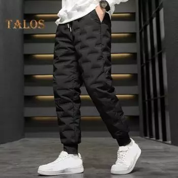 Зимние мужские брюки с водонепроницаемой подкладкой, эластичным поясом на шнурке и карманами, однотонные уличные брюки с резинкой на щиколотке, термоштаны M чёрный