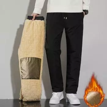 Зимние мужские брюки среднего возраста из утолщенного флиса с эластичной резинкой на талии, большие размеры, тепло L чёрный