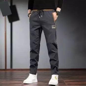 Зимние мужские брюки Yousheng, эластичный пояс на шнурке с карманами, утолщенные плюшевые свободные вышитые однотонные уличные брюки, термоштаны L серый