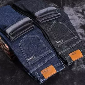 Зимние мужские деловые прямые джинсы 2024 года, свободные прямые джинсы, теплые и плюшевые толстые длинные брюки 28 темно-синий