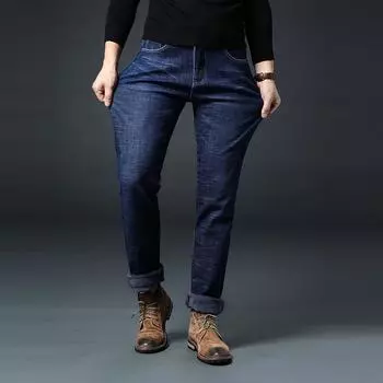 Зимние мужские деловые прямые джинсы 2024 года, свободные прямые джинсы, теплые и плюшевые толстые длинные брюки 28