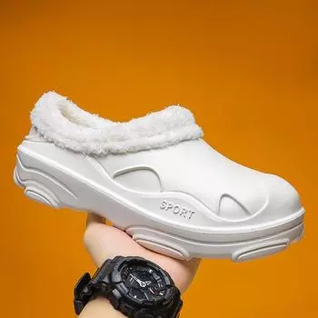 Зимние мужские домашние водонепроницаемые теплые хлопковые тапочки для улицы с утолщенной мягкой подошвой, пушистая швабра, мужская модная сумка и хлопковая швабра 39 белый